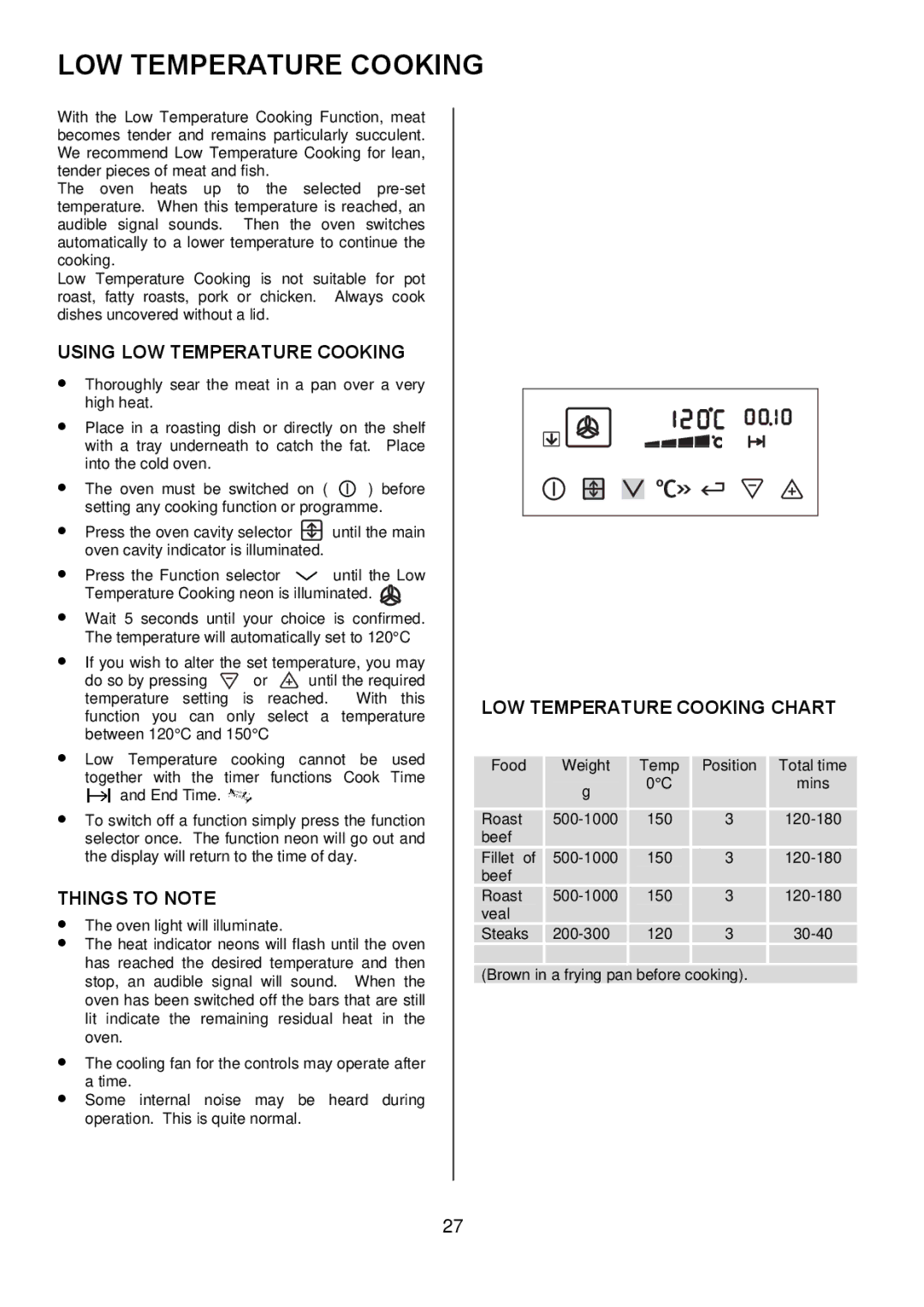 Electrolux EKT6045 manual Using LOW Temperature Cooking, LOW Temperature Cooking Chart 