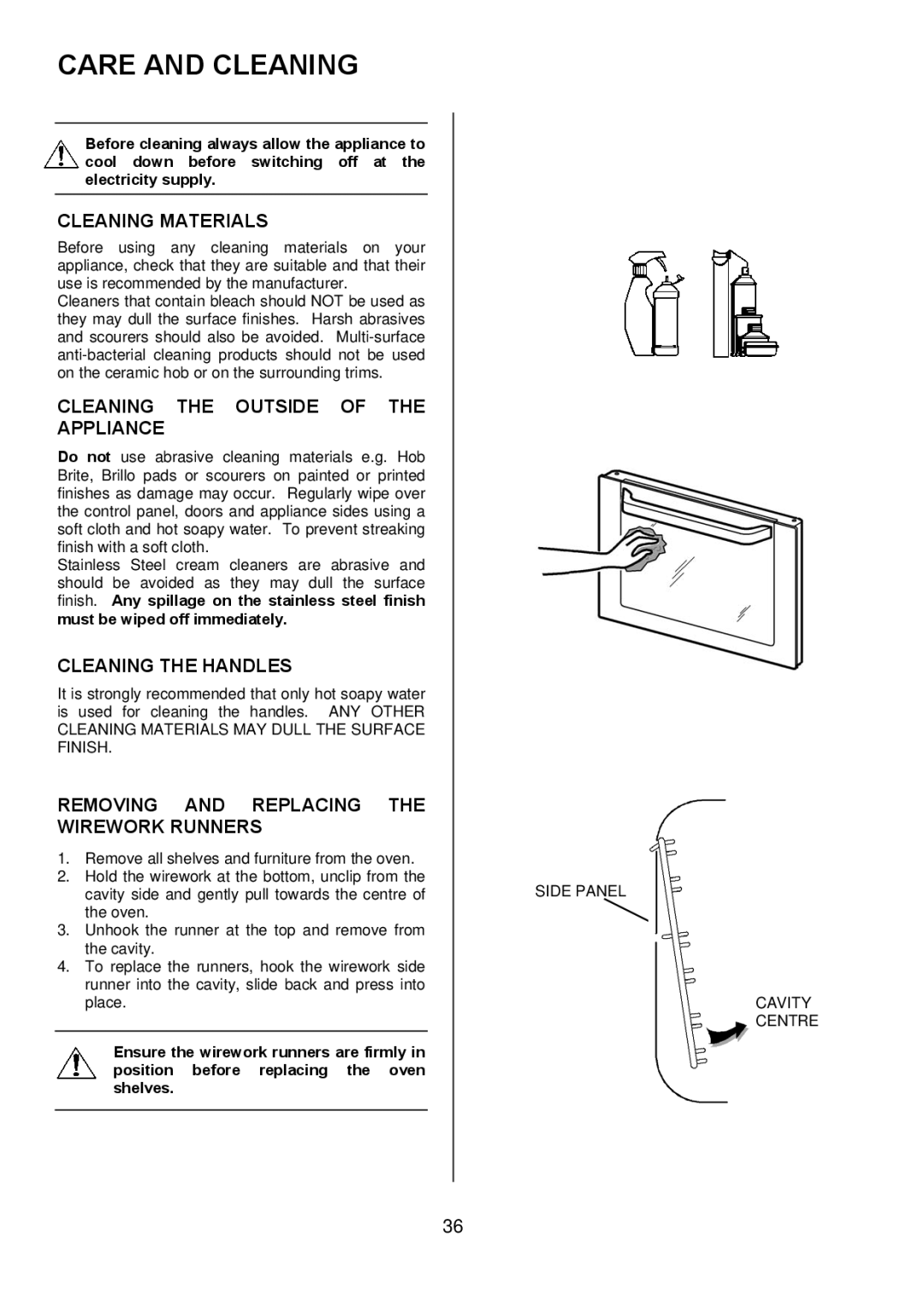 Electrolux EKT6045 Care and Cleaning, Cleaning Materials, Cleaning the Outside of the Appliance, Cleaning the Handles 