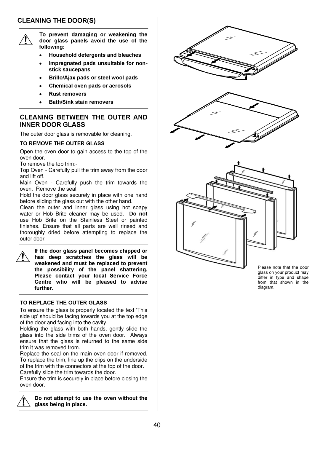 Electrolux EKT6045 manual Cleaning the Doors, Cleaning Between the Outer and Inner Door Glass, To Remove the Outer Glass 