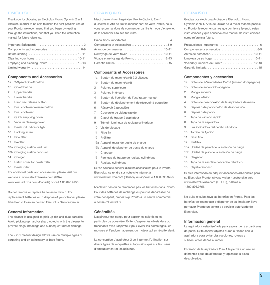 Electrolux EL1000A Components and Accessories, Composants et Accessoires, Componentes y accesorios, General Information 