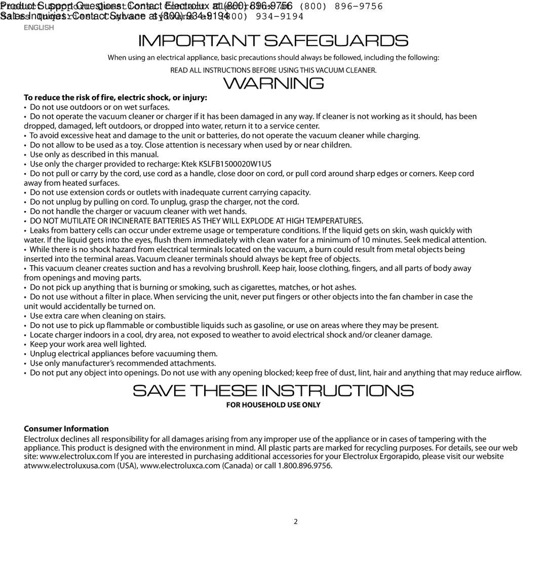 Electrolux EL1022A manual Important Safeguards, To reduce the risk of fire, electric shock, or injury 