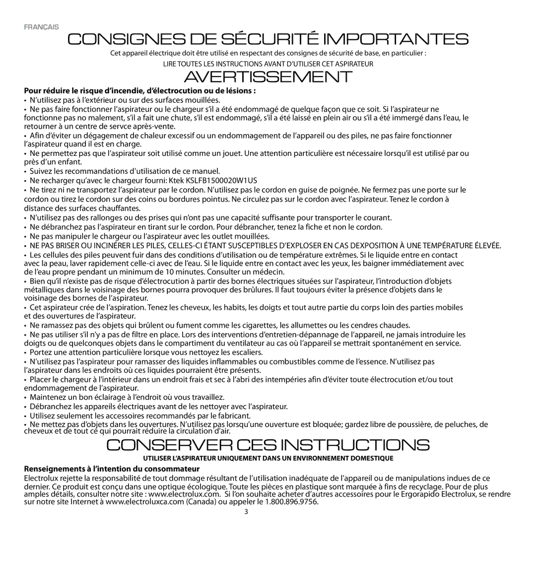 Electrolux EL1022A manual Consignes DE Sécurité Importantes, Avertissement, Conserver CES Instructions 