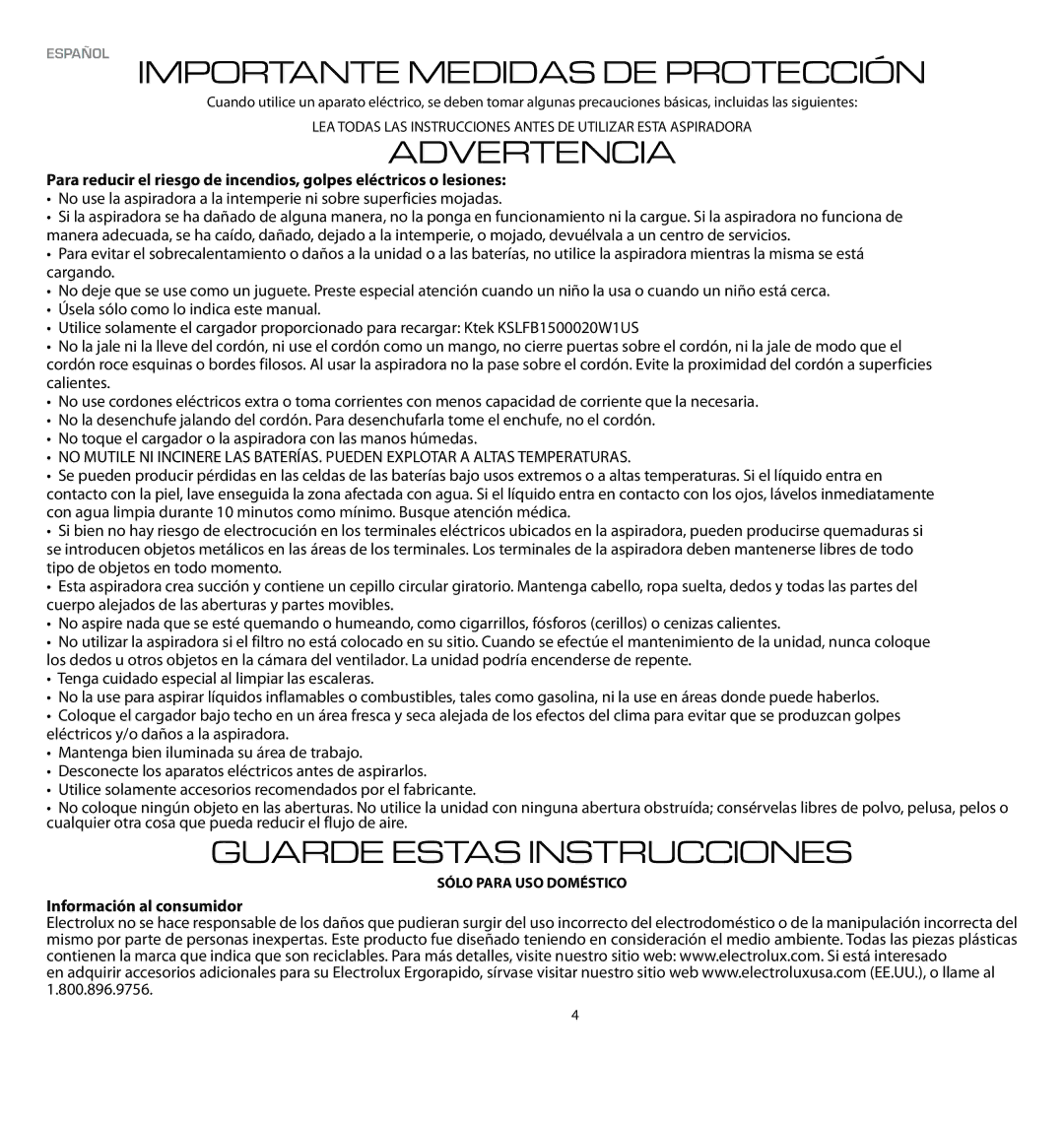 Electrolux EL1022A manual Español Importante Medidas DE Protección, Advertencia, Guarde Estas Instrucciones 