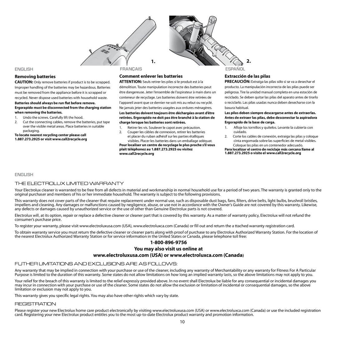 Electrolux EL1030A manual Removing batteries, Comment enlever les batteries, Extracción de las pilas 