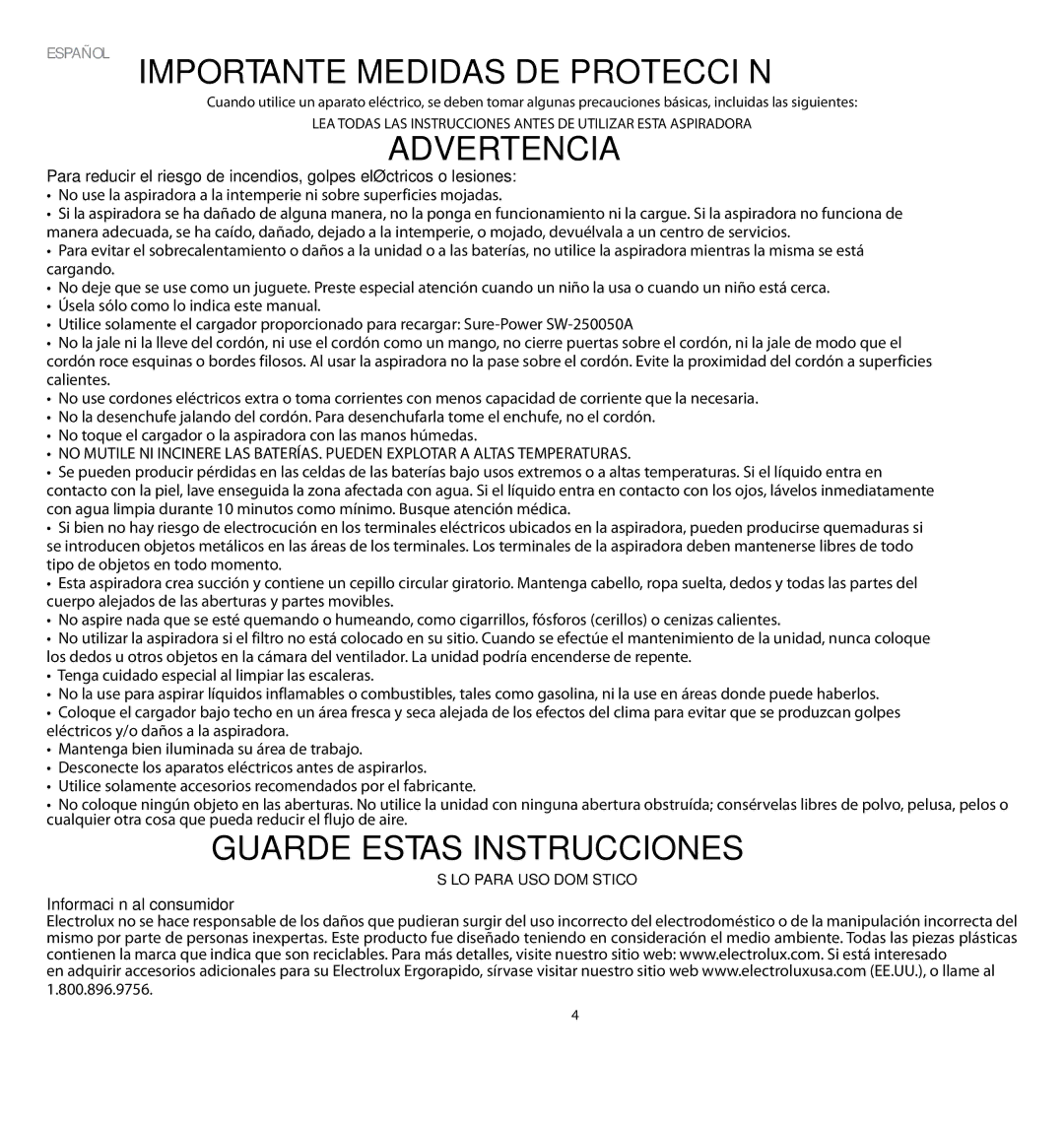 Electrolux EL1030A manual Español Importante Medidas DE Protección, Advertencia, Guarde Estas Instrucciones 