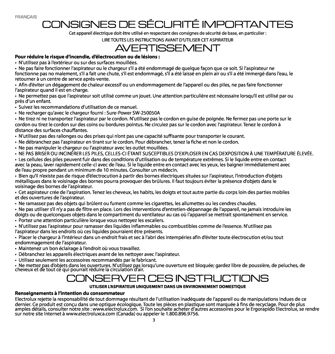 Electrolux EL1030A manual Consignes De Sécurité Importantes, Avertissement, Conserver Ces Instructions 