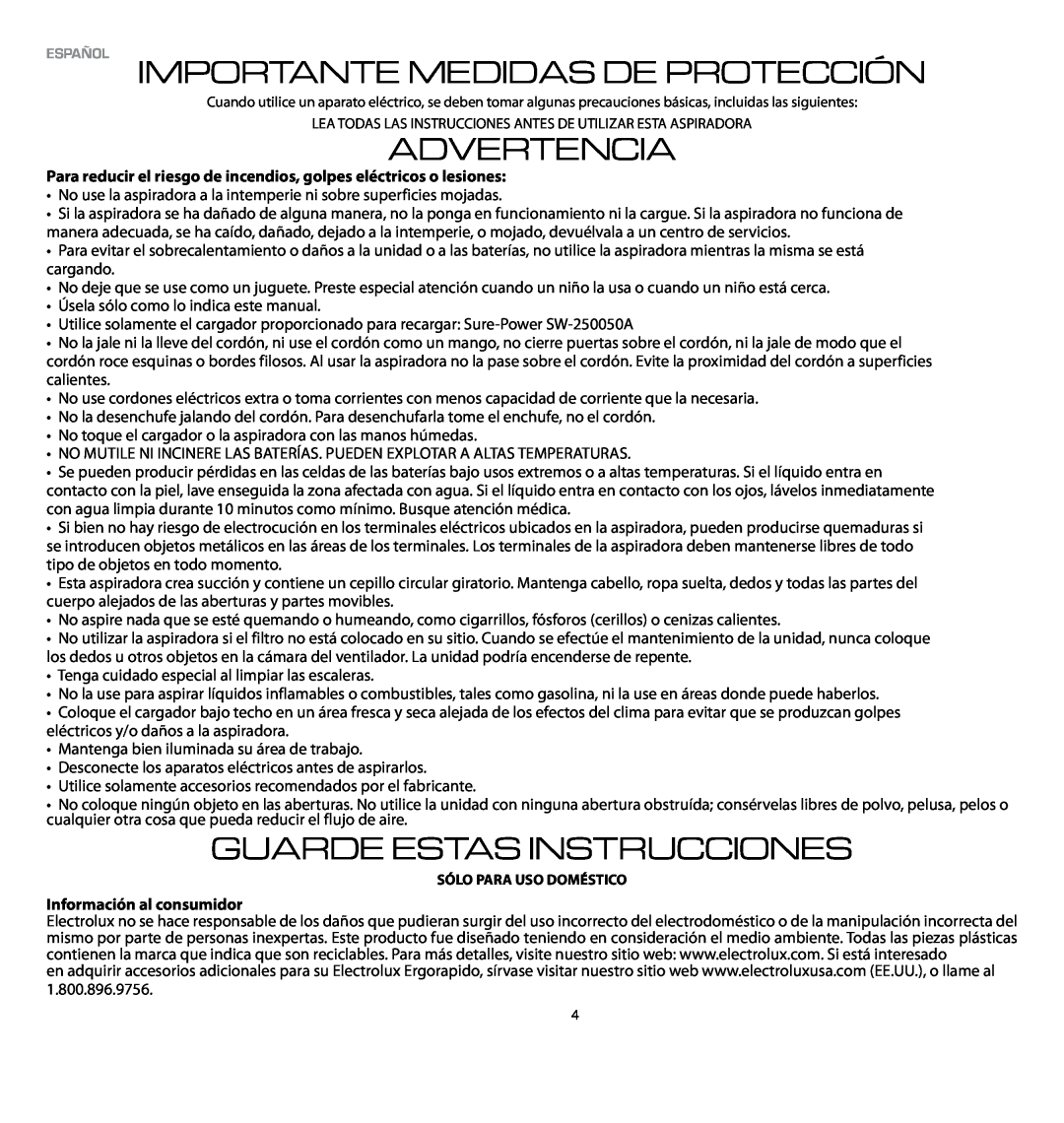 Electrolux EL1030A manual Español Importante Medidas De Protección, Advertencia, Guarde Estas Instrucciones 