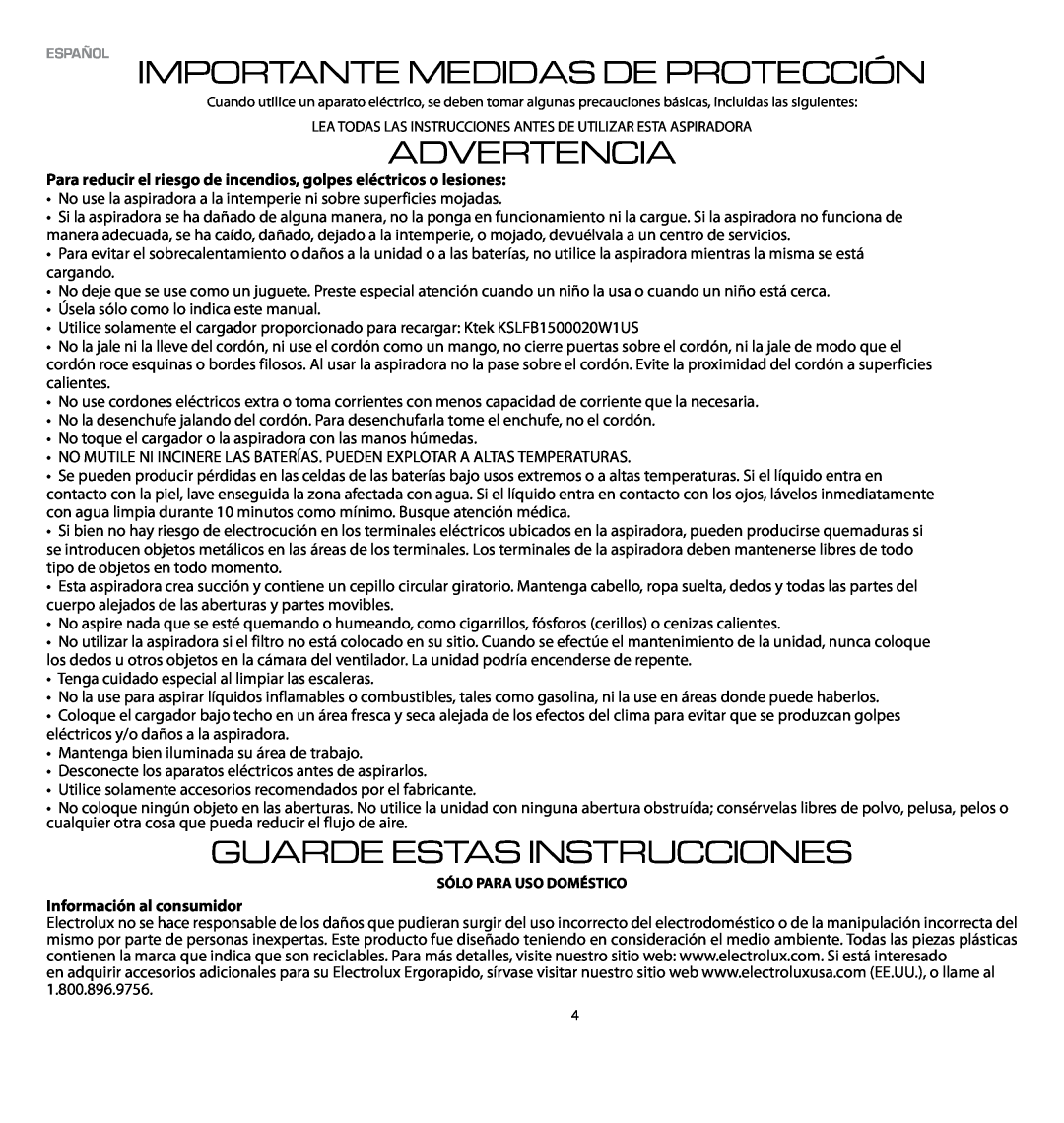 Electrolux EL1061A manual Español Importante Medidas De Protección, Advertencia, Guarde Estas Instrucciones 