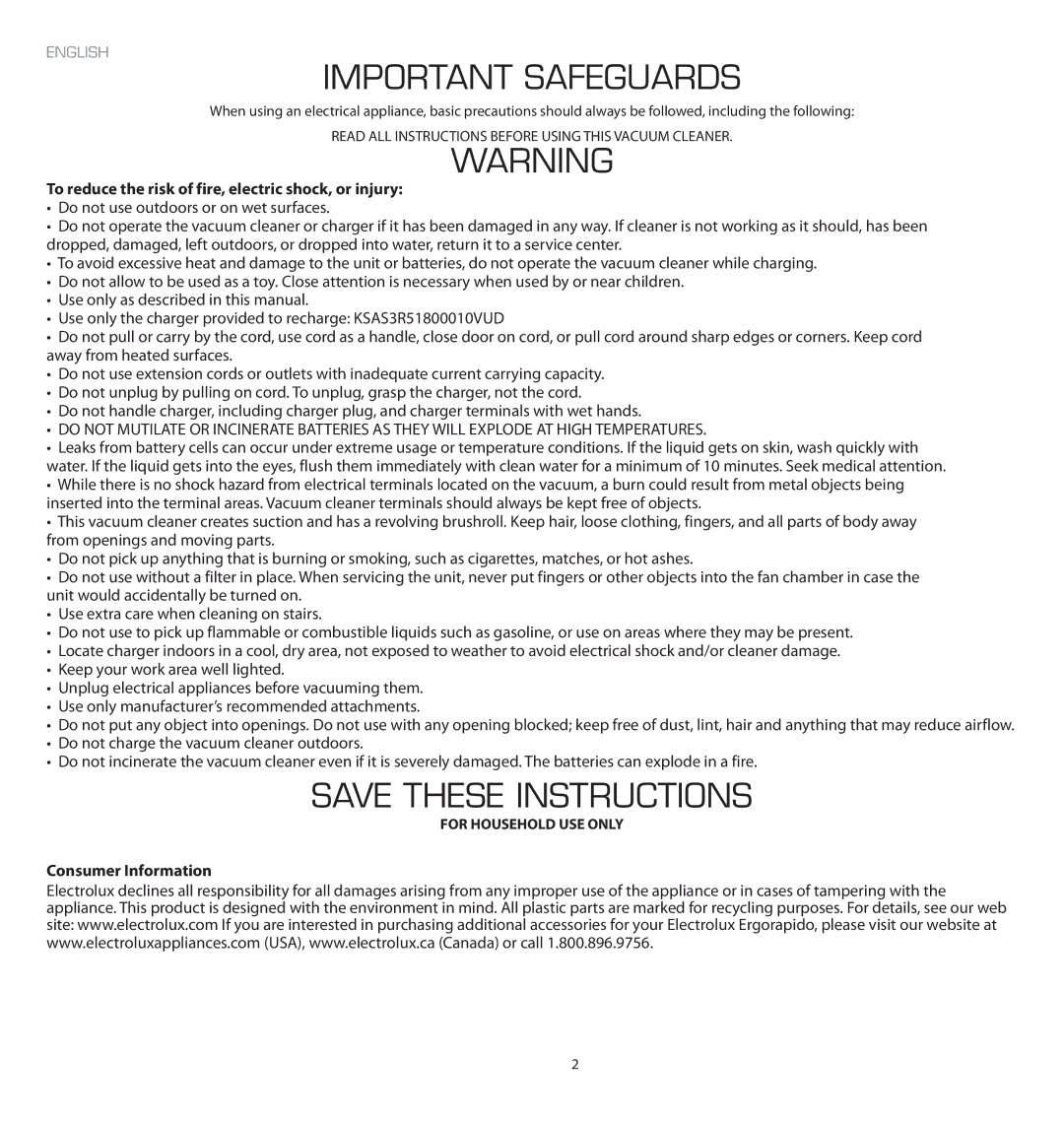 Electrolux EL2010A manual Important Safeguards, To reduce the risk of fire, electric shock, or injury, Consumer Information 