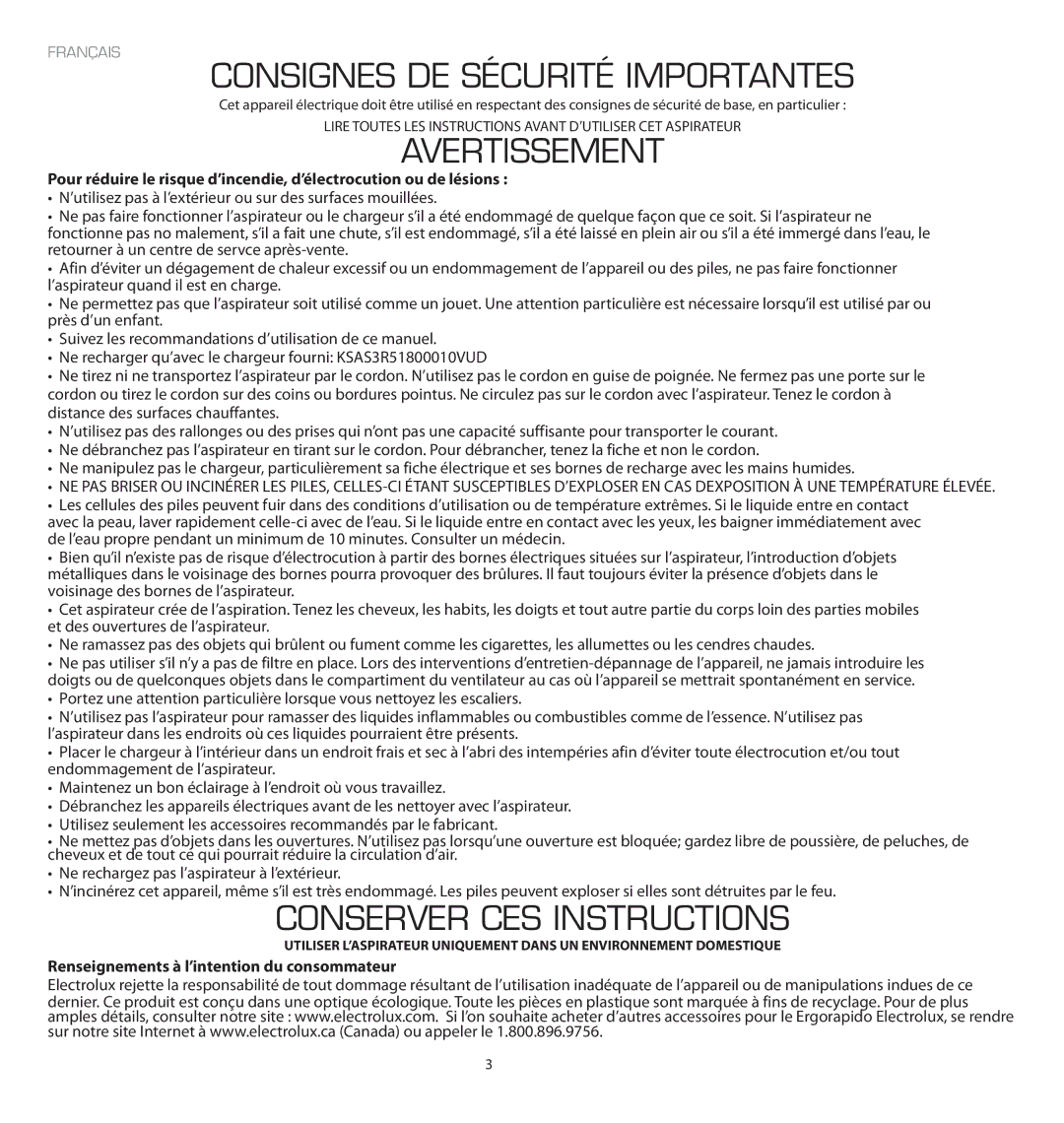 Electrolux EL2010A manual Consignes DE Sécurité Importantes, Avertissement, Conserver CES Instructions 