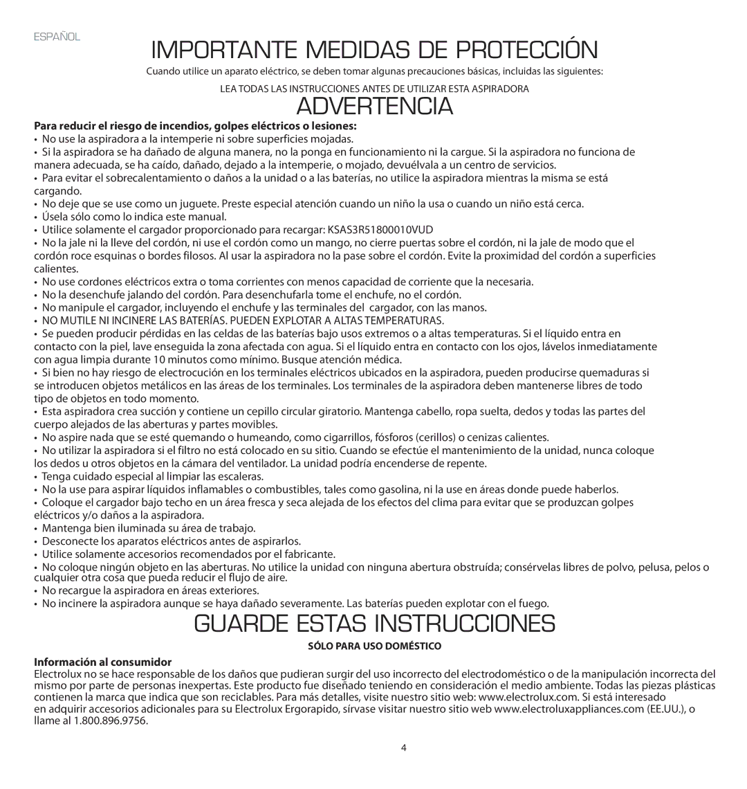 Electrolux EL2010A Importante Medidas DE Protección, Advertencia, Guarde Estas Instrucciones, Información al consumidor 