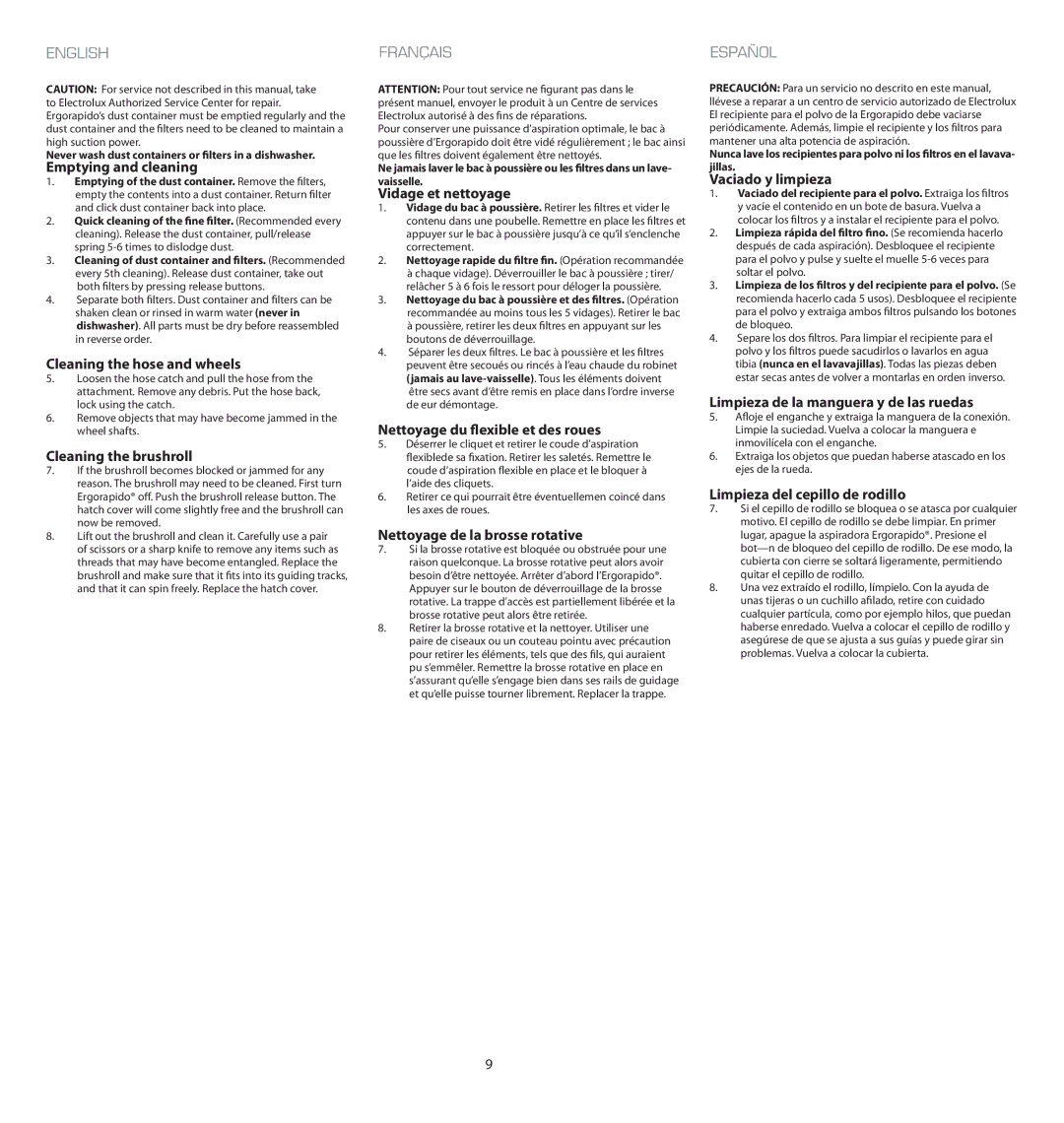 Electrolux EL2010A manual Cleaning the hose and wheels 