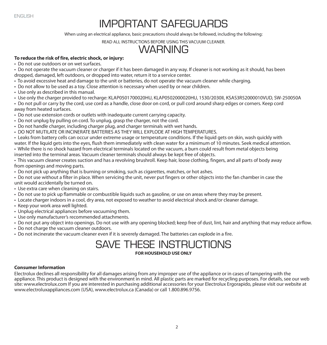 Electrolux EL2021A manual Important Safeguards, To reduce the risk of fire, electric shock, or injury, Consumer Information 