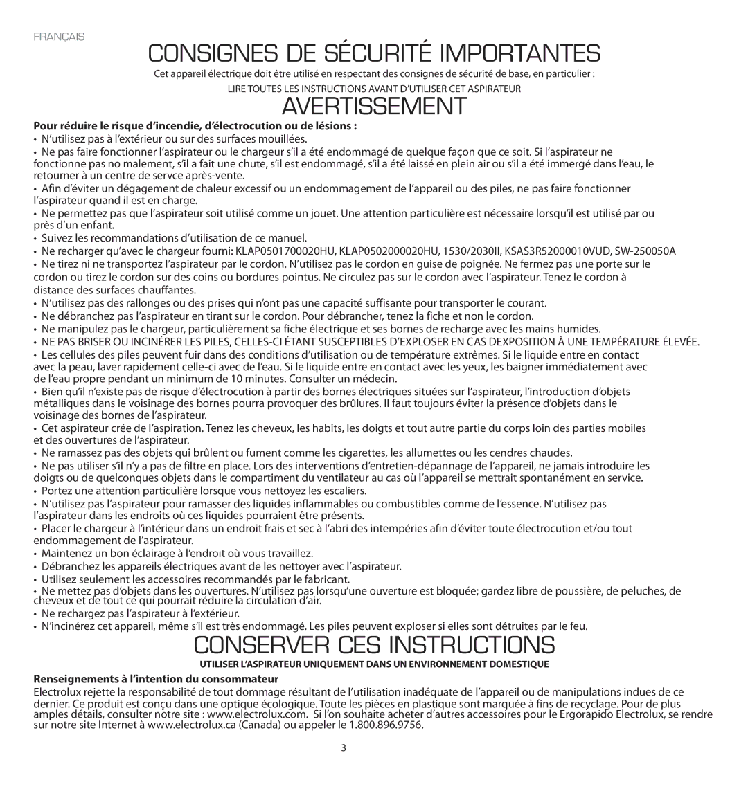 Electrolux EL2021A manual Consignes DE Sécurité Importantes, Avertissement, Conserver CES Instructions 