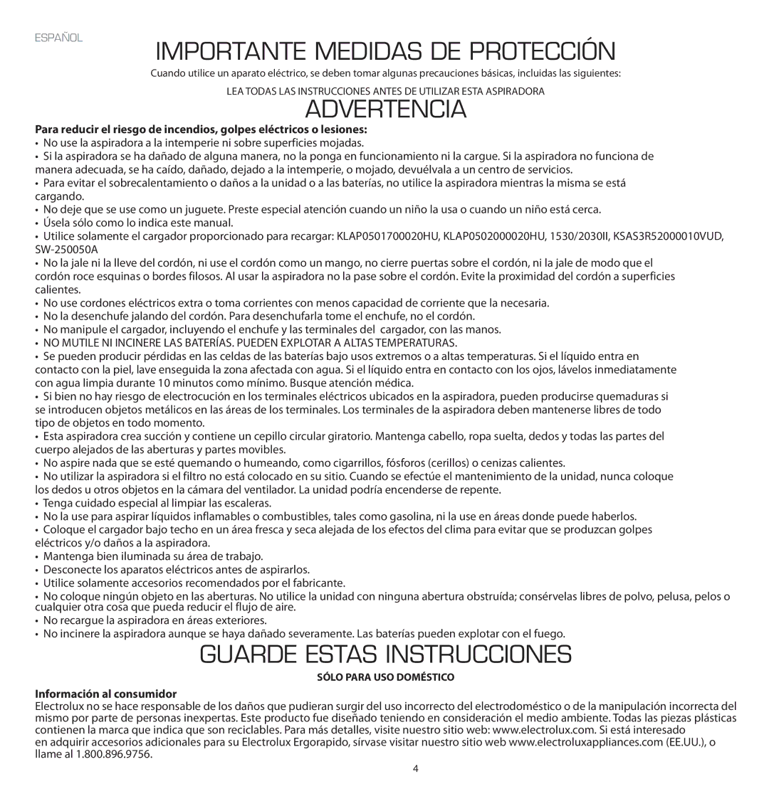 Electrolux EL2021A Importante Medidas DE Protección, Advertencia, Guarde Estas Instrucciones, Información al consumidor 