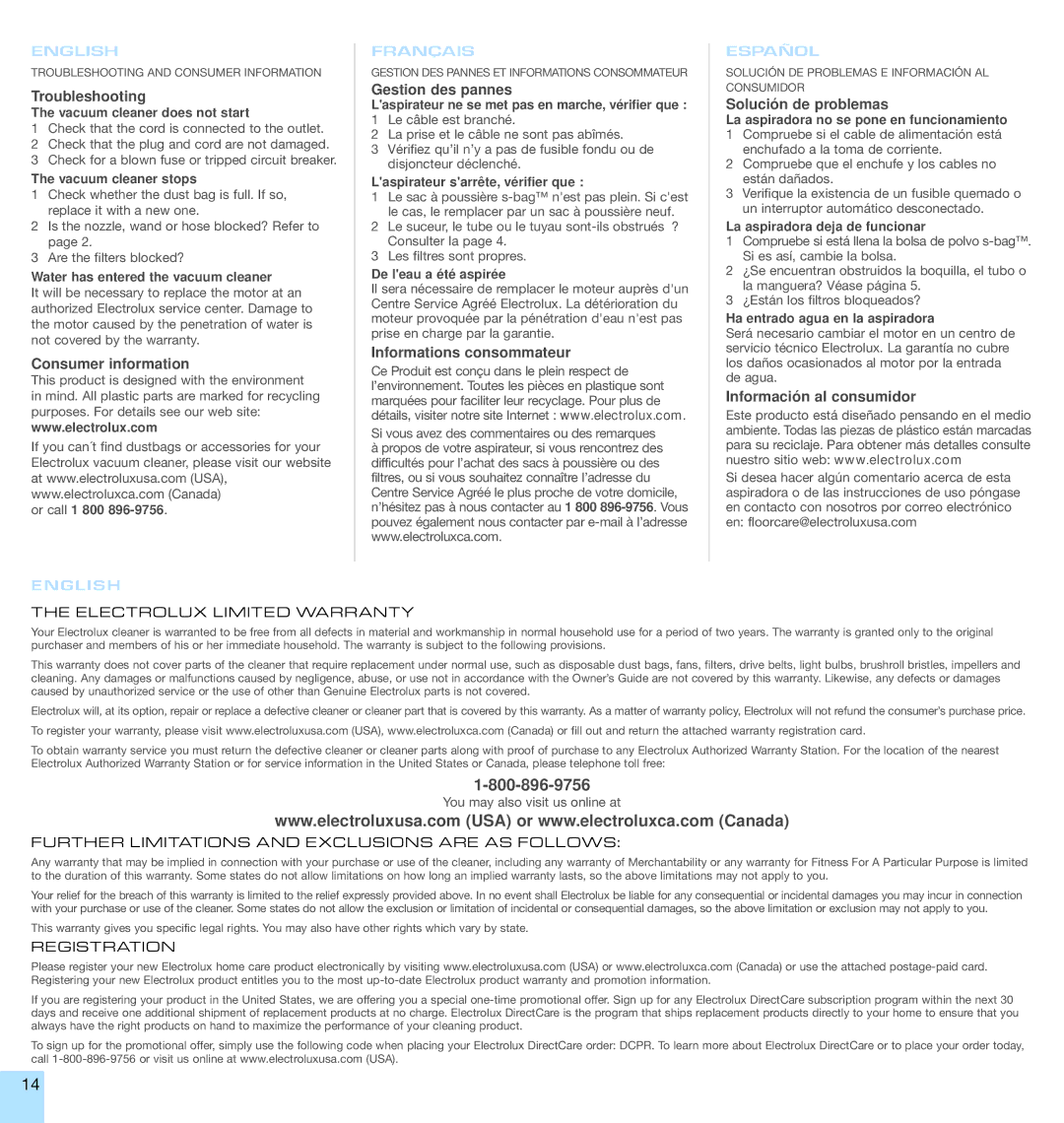 Electrolux EL2/EL5 manual Troubleshooting, Consumer information, Gestion des pannes, Informations consommateur 