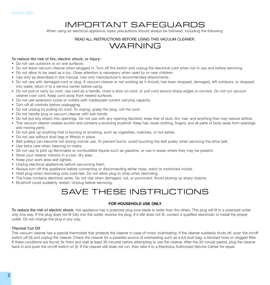 Electrolux EL2/EL5 manual To reduce the risk of fire, electric shock, or injury, Thermal Cut Off 