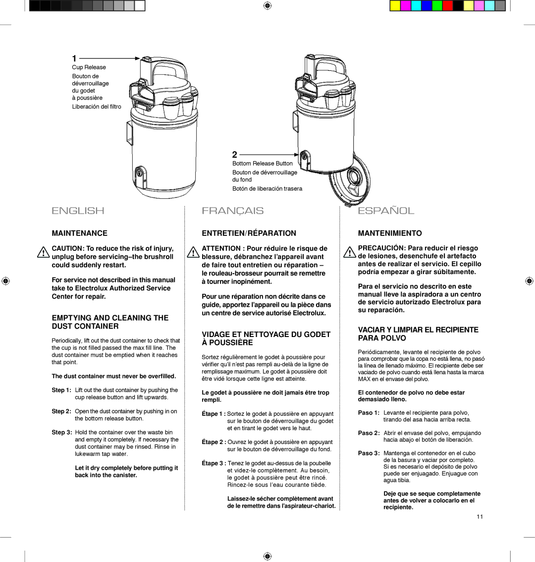 Electrolux EL4060A manual Maintenance, Emptying and Cleaning the Dust Container, Entretien/Réparation, Mantenimiento 