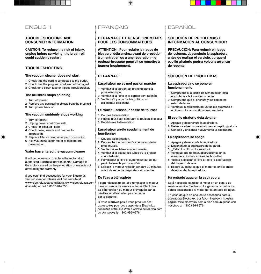 Electrolux EL4060A manual Troubleshooting Consumer Information, Dépannage ET Renseignements Pour LES Consommateurs 