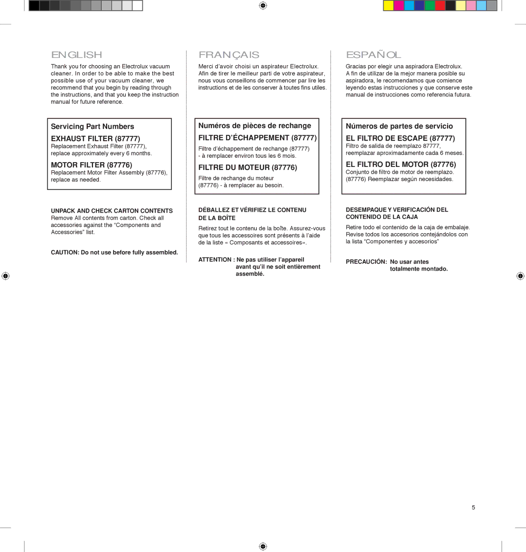 Electrolux EL4060A manual Exhaust Filter, Motor Filter, Filtre DU Moteur, EL Filtro DEL Motor 