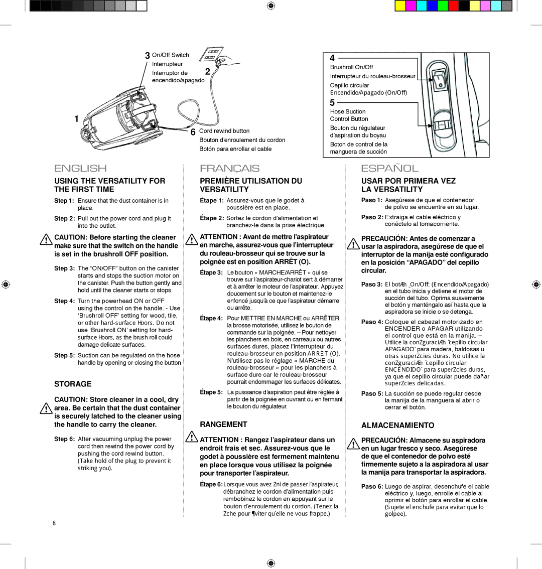 Electrolux EL4060A manual Usar POR Primera VEZ LA Versatility, Storage, Rangement, Almacenamiento 