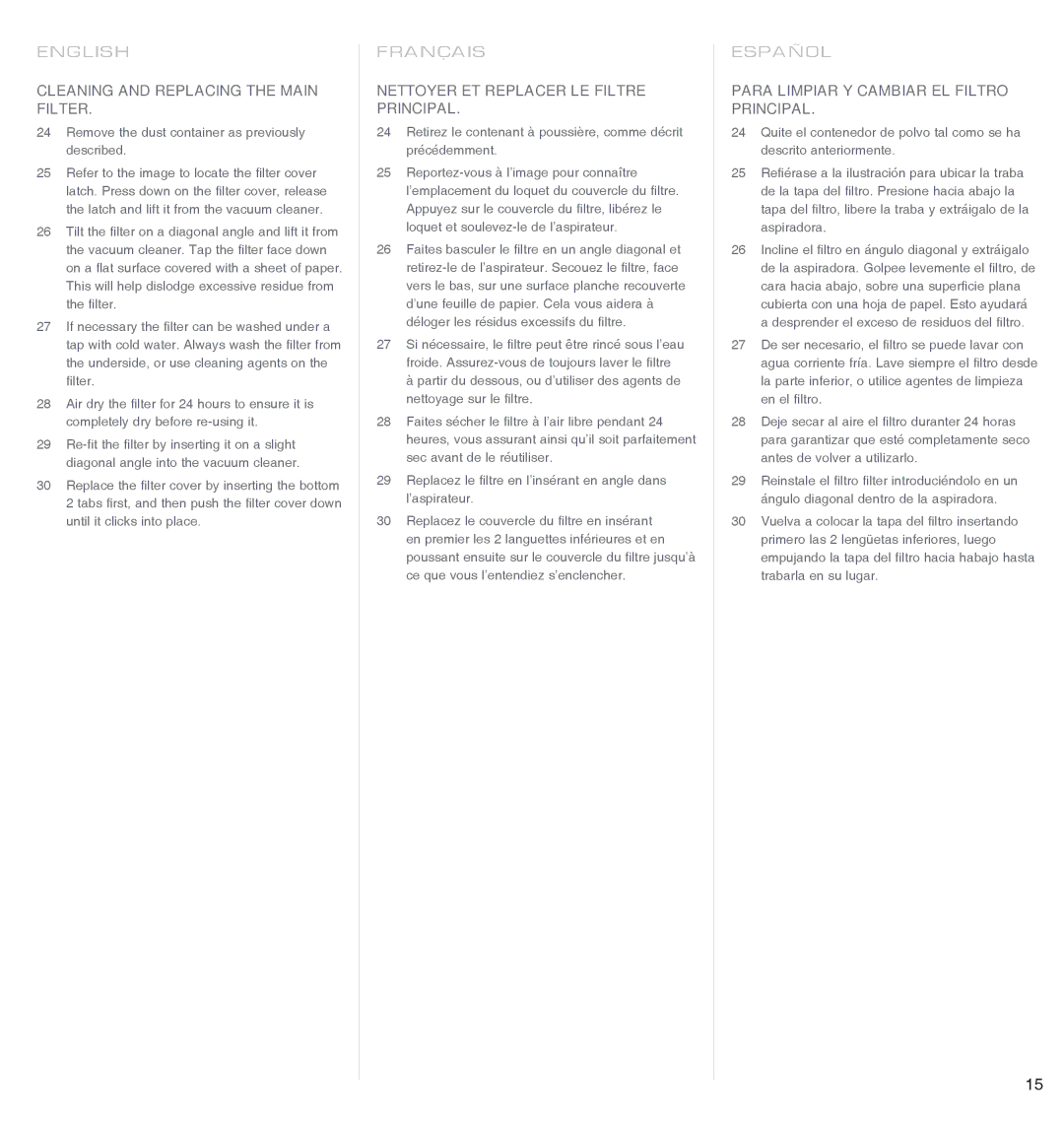 Electrolux EL4071A manual Cleaning and Replacing the Main Filter, Nettoyer ET Replacer LE Filtre Principal 