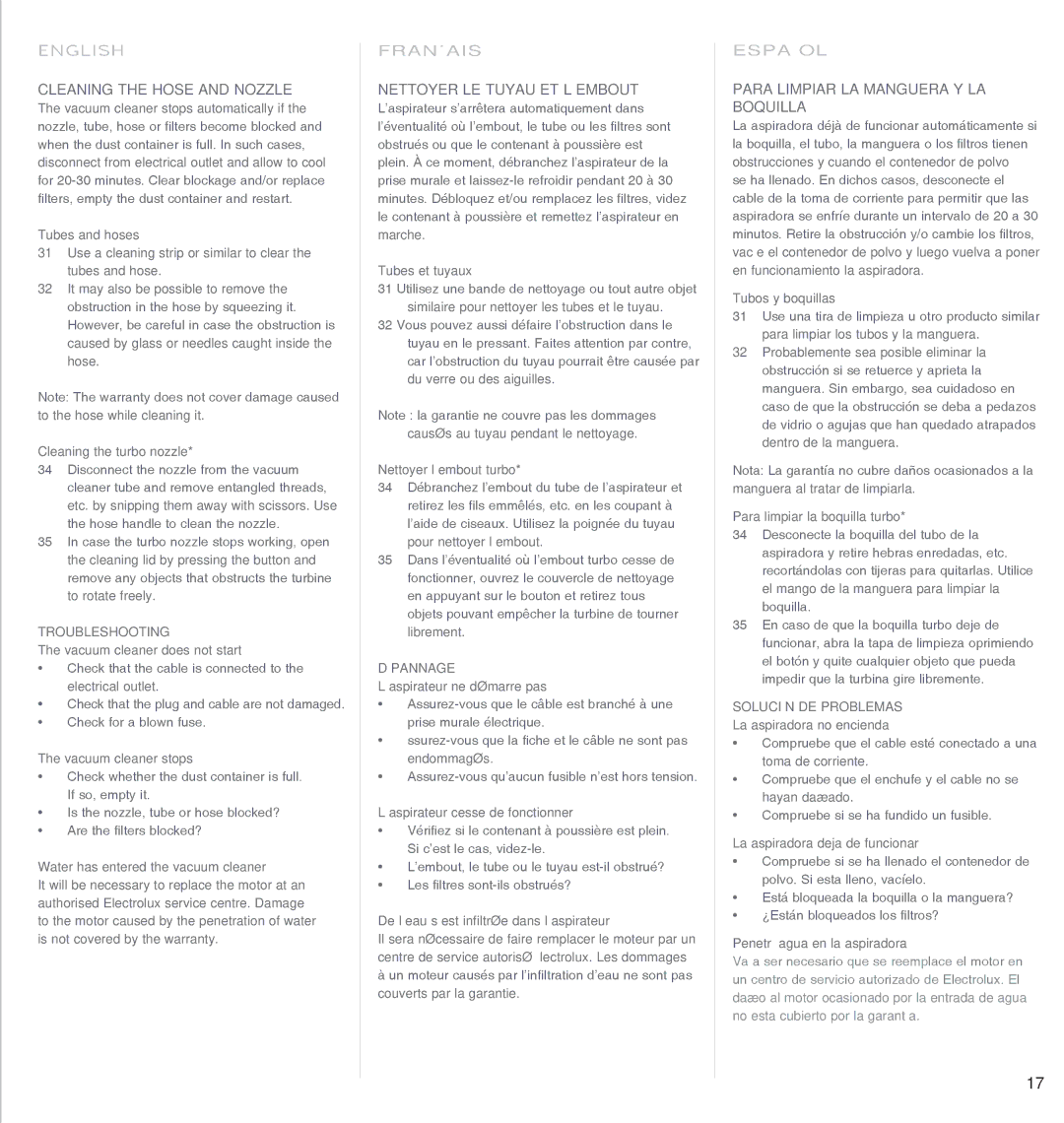 Electrolux EL4071A Cleaning the Hose and Nozzle, Nettoyer LE Tuyau ET L’EMBOUT, Para Limpiar LA Manguera Y LA Boquilla 