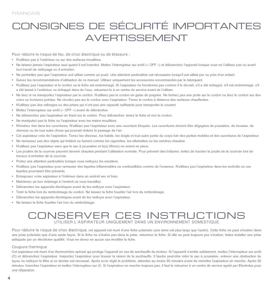 Electrolux EL4071A manual Consignes DE Sécurité Importantes Avertissement 