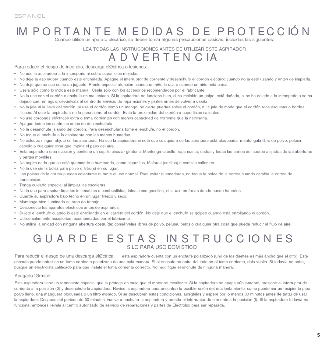 Electrolux EL4071A manual Importante Medidas DE Protección 