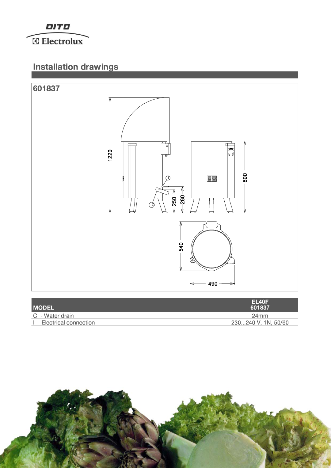 Electrolux 601837 manual Installation drawings, Model, 1220, EL40F, 24mm 
