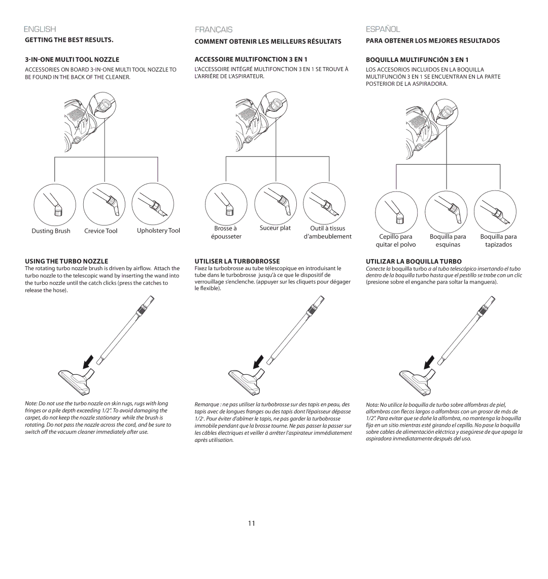 Electrolux EL4103A Getting the Best Results IN-ONE Multi Tool Nozzle, Using the Turbo Nozzle, Utiliser LA Turbobrosse 