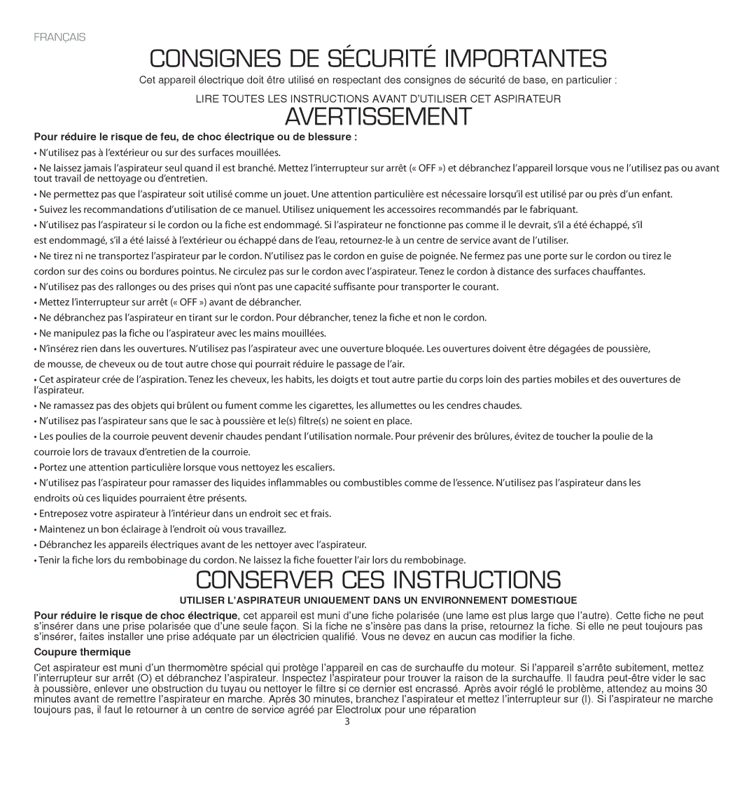 Electrolux EL4103A manual Consignes DE Sécurité Importantes 