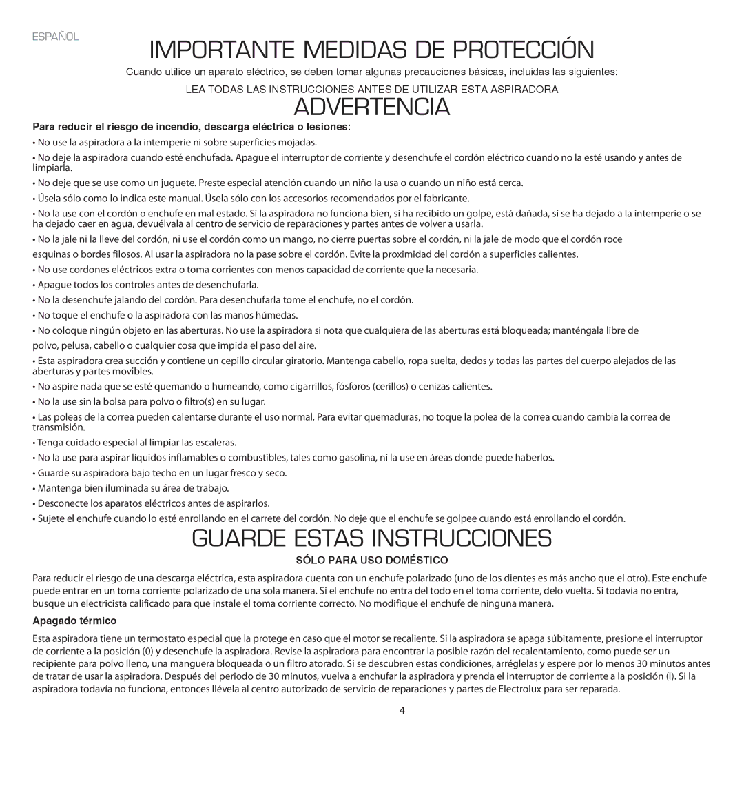 Electrolux EL4103A manual Importante Medidas DE Protección 