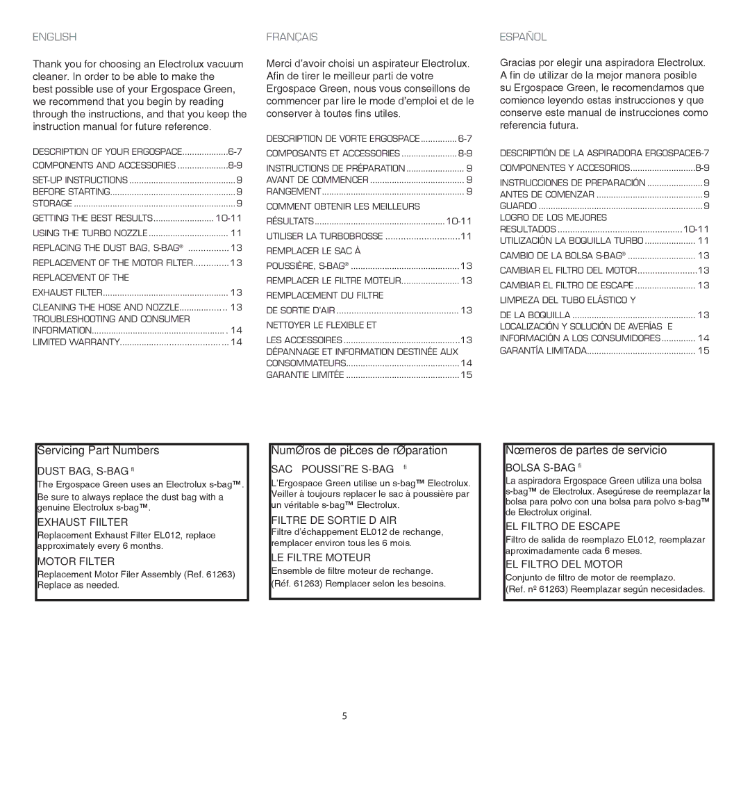 Electrolux EL4103A manual Servicing Part Numbers 