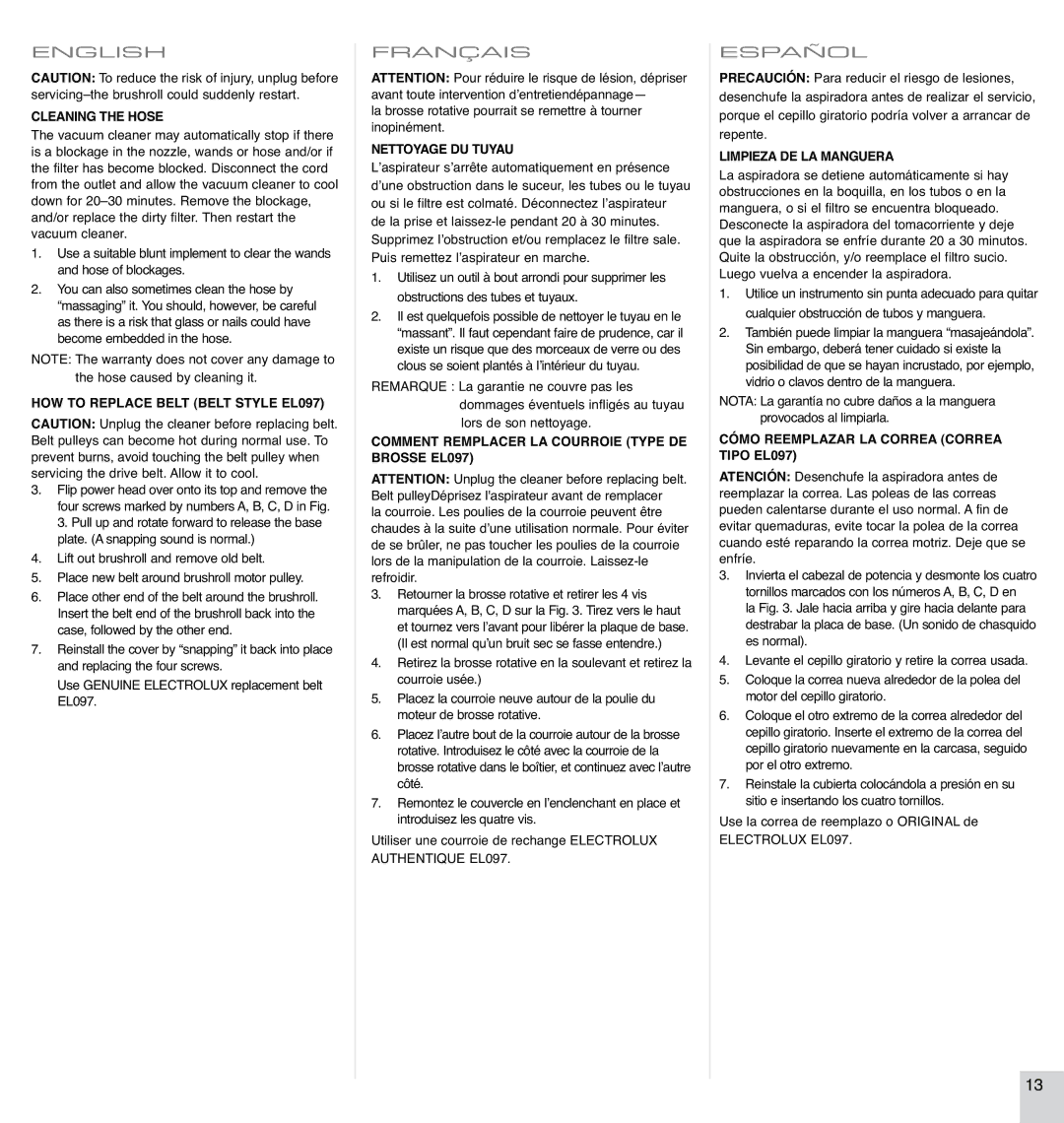 Electrolux EL4300B Cleaning the Hose, HOW to Replace Belt Belt Style EL097, Nettoyage DU Tuyau, Limpieza DE LA Manguera 
