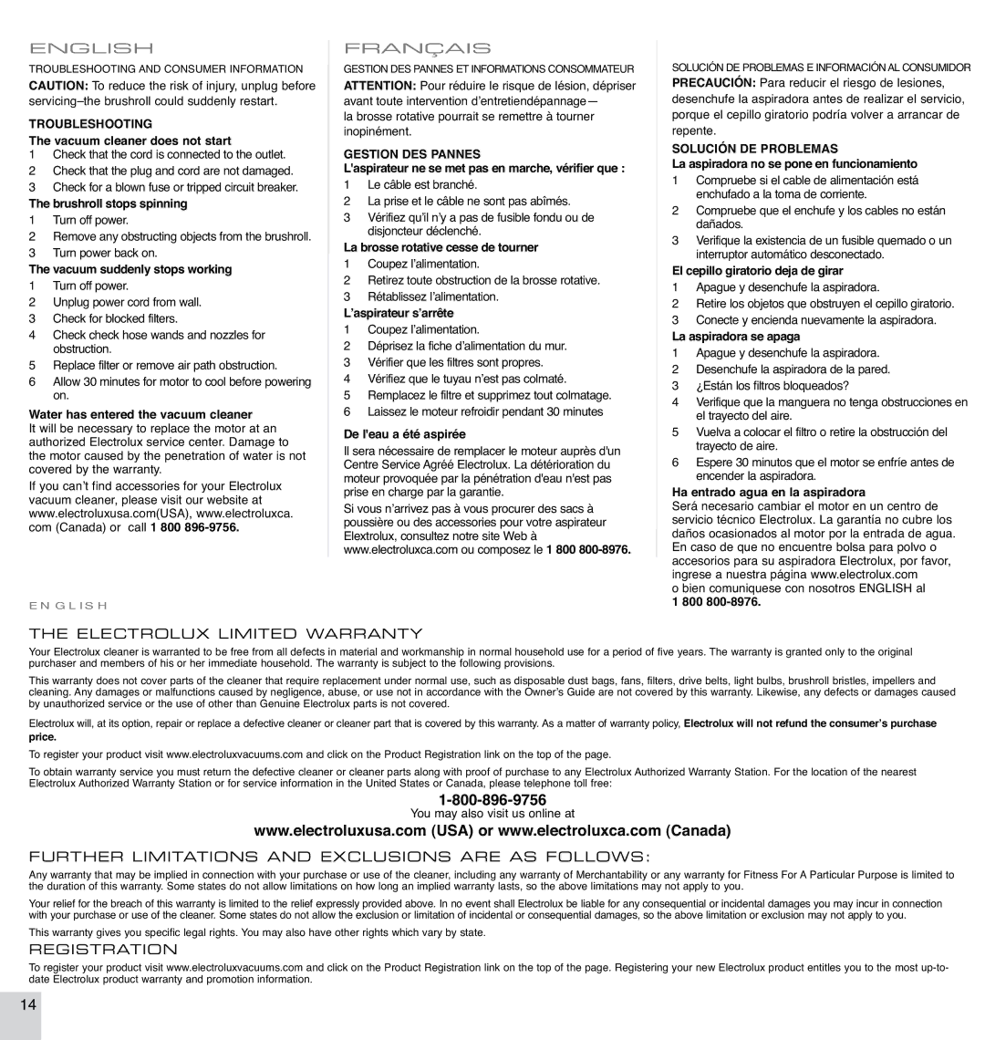 Electrolux EL4300B manual Troubleshooting, Gestion DES Pannes, Solución DE Problemas 