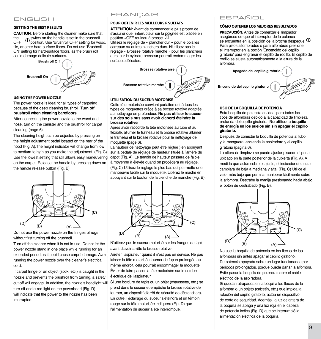 Electrolux EL4300B manual Using the Power Nozzle, Pour Obtenir LES Meilleurs R Sultats, Utilisation DU Suceur Motorisé 