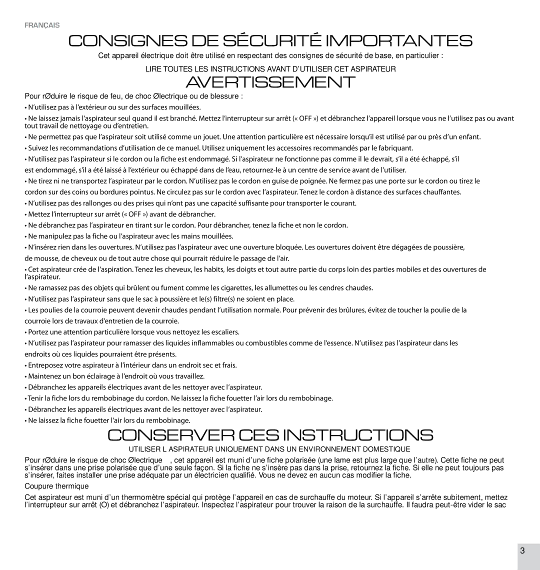 Electrolux EL4326A manual Consignes DE Sécurité Importantes, Coupure thermique 