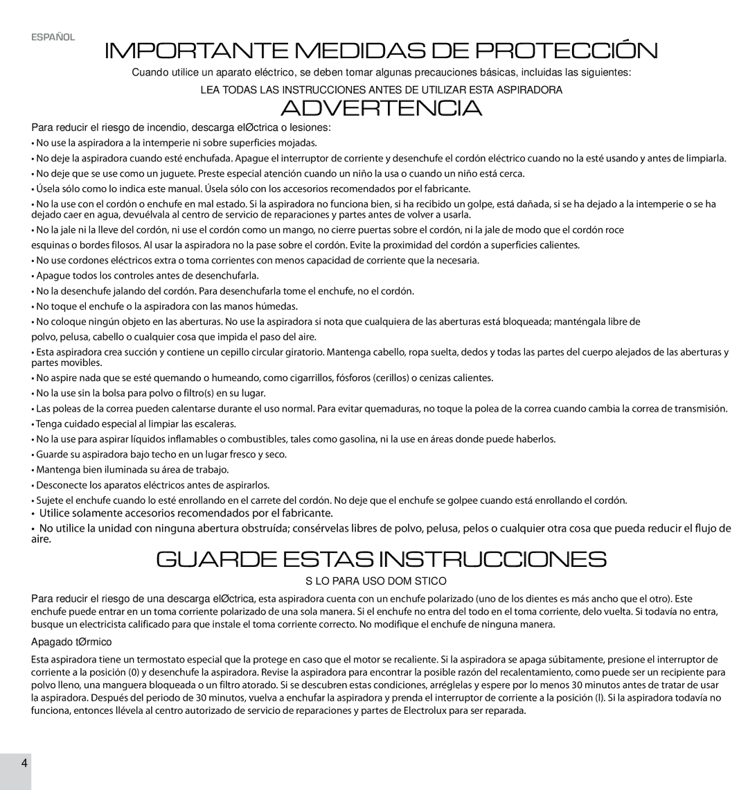 Electrolux EL4326A manual Español Importante Medidas DE Protección, Apagado térmico 