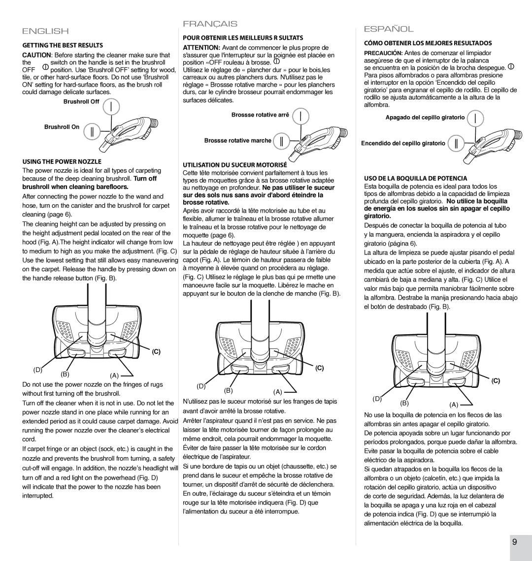 Electrolux EL4326A manual Pour Obtenir LES Meilleurs R…SULTATS, Using the Power Nozzle Utilisation DU Suceur Motorisé 