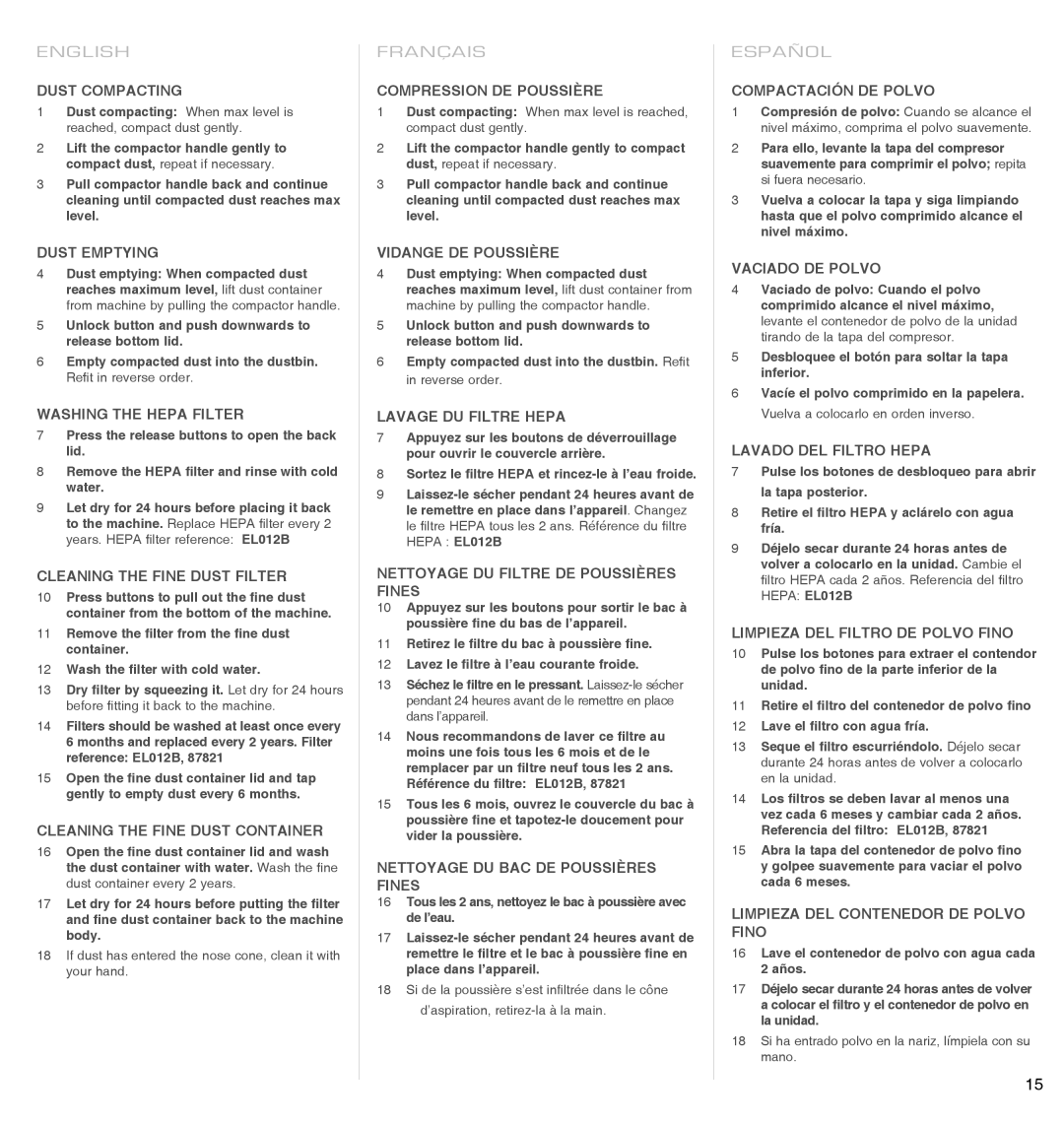 Electrolux EL4650A manual Dust Compacting, Dust Emptying, Washing the Hepa Filter, Cleaning the Fine Dust Filter 