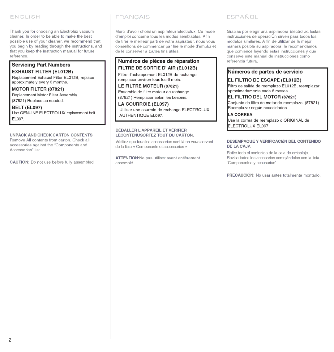 Electrolux EL4650A manual Servicing Part Numbers 