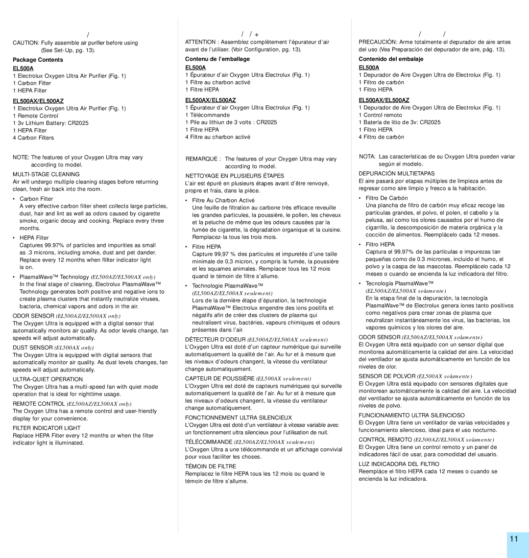 Electrolux EL500 manual Package Contents, Features, Conten U DE L’ Embal Lage, Caractéristiques, Conten IDO D EL EM Balaje 