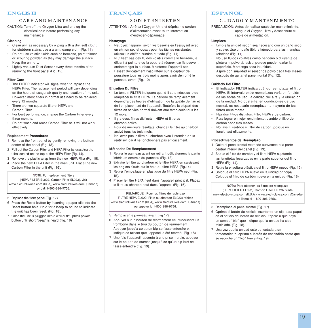 Electrolux EL500AZ manual Care and Maintenance, Soin ET Entretien, Cuidado Y Mantenimiento 