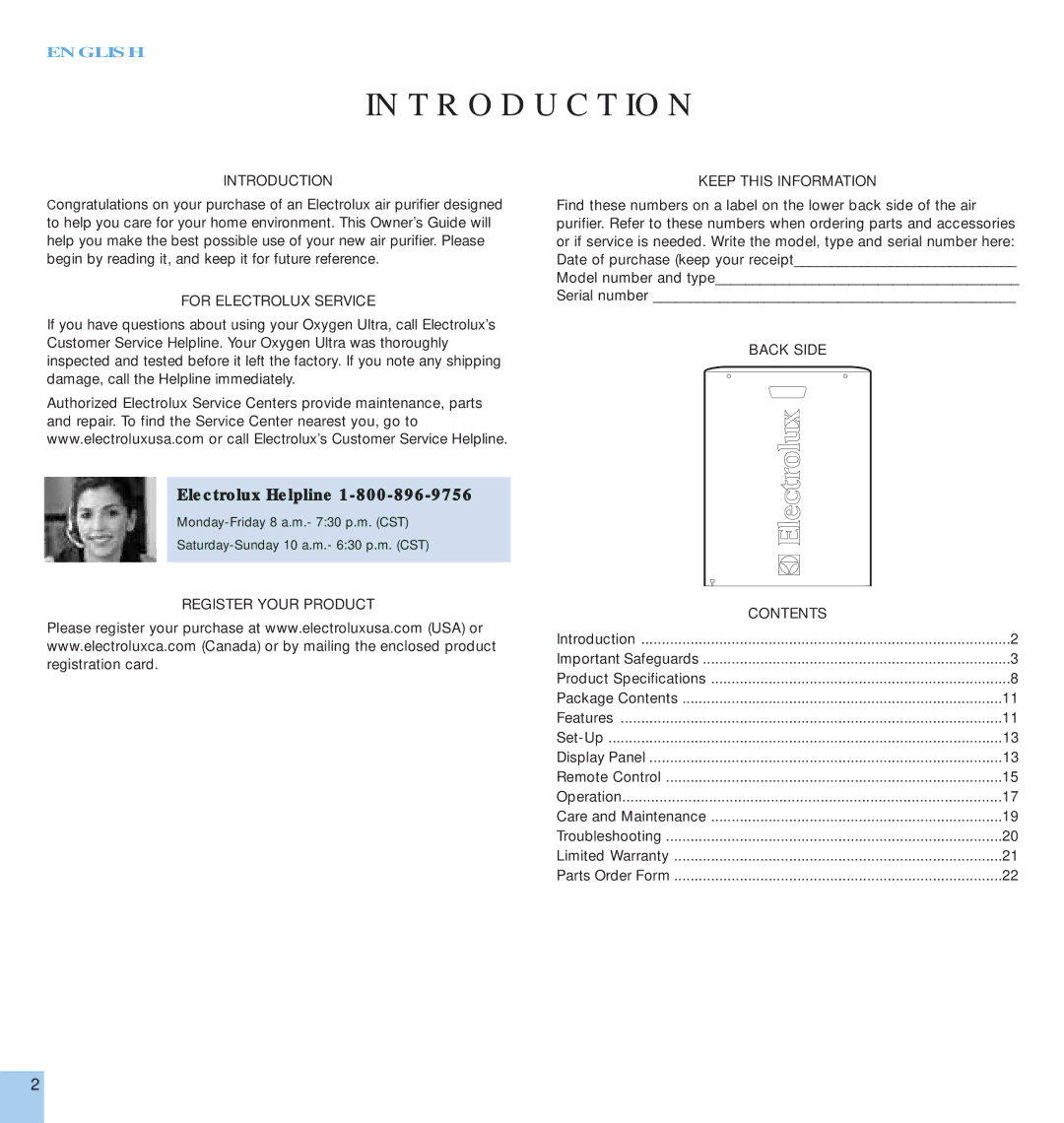 Electrolux EL500AZ manual Introduction, For Electrolux Service, Keep this Information, Back Side Register Your Product 