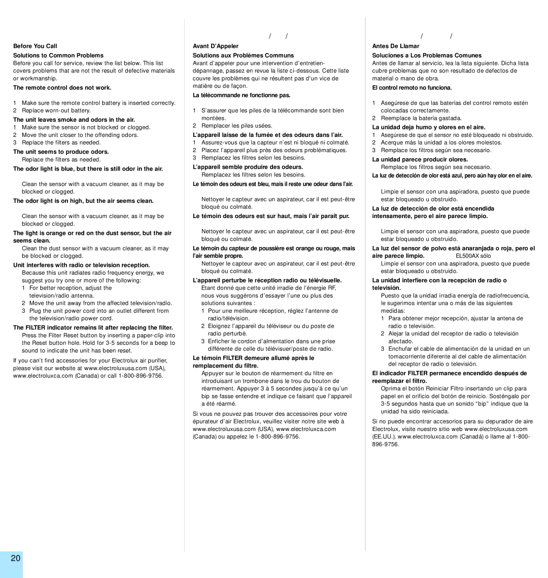 Electrolux EL500AZ manual Troubleshooting, Dépistage DES Pannes, Solución DE Problemas 