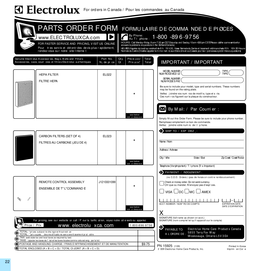 Electrolux EL500AZ manual By Phone 