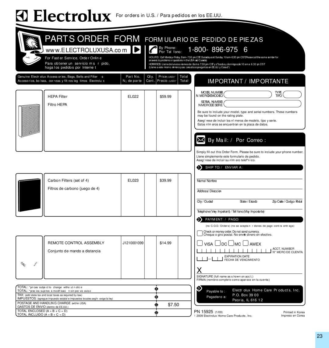 Electrolux EL500AZ manual Parts Order Form 