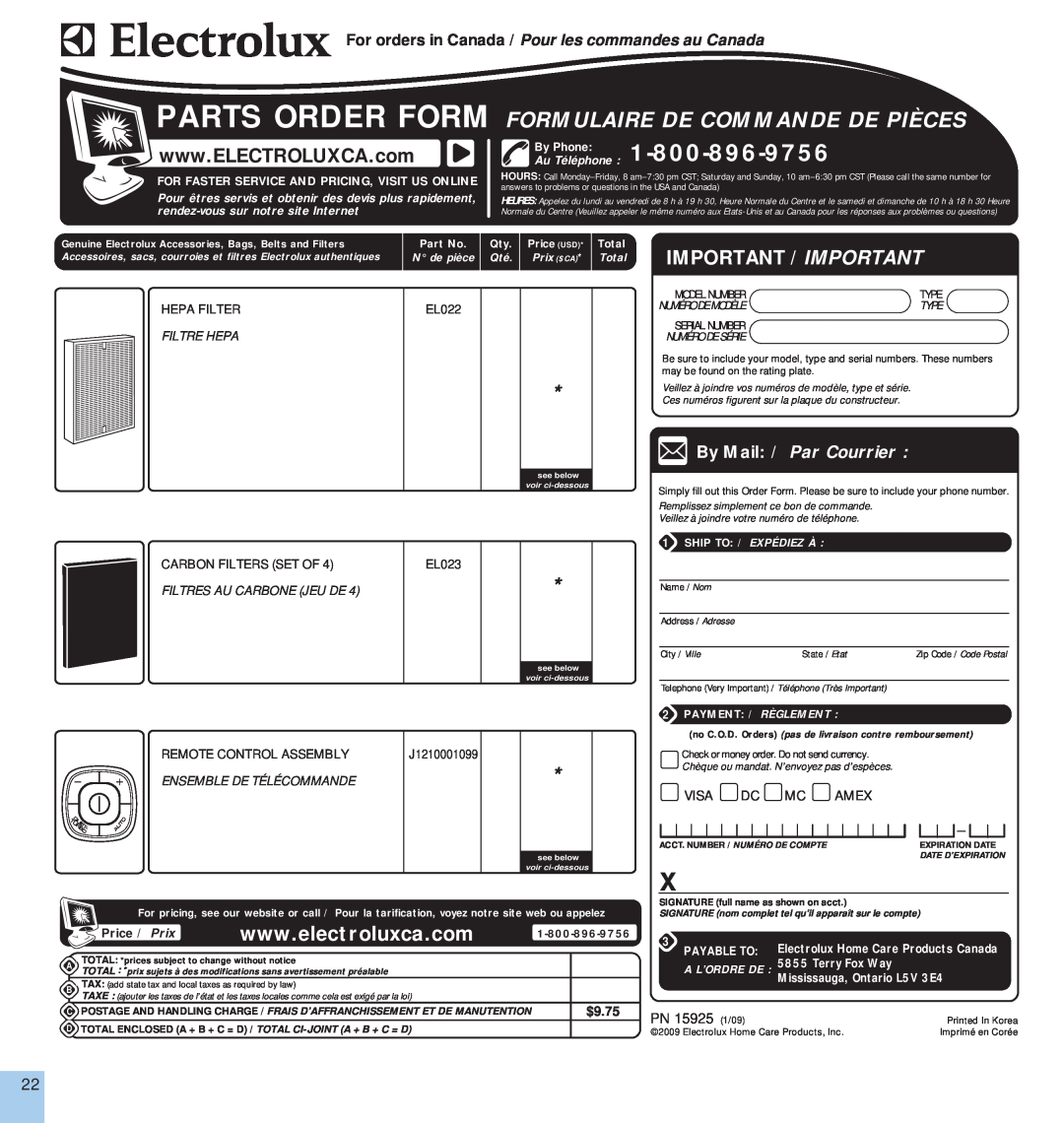 Electrolux EL500AZ By Phone, Important / Important, Parts Order Form Formulaire De Commande De Pièces, Visa Dc Mc Amex 