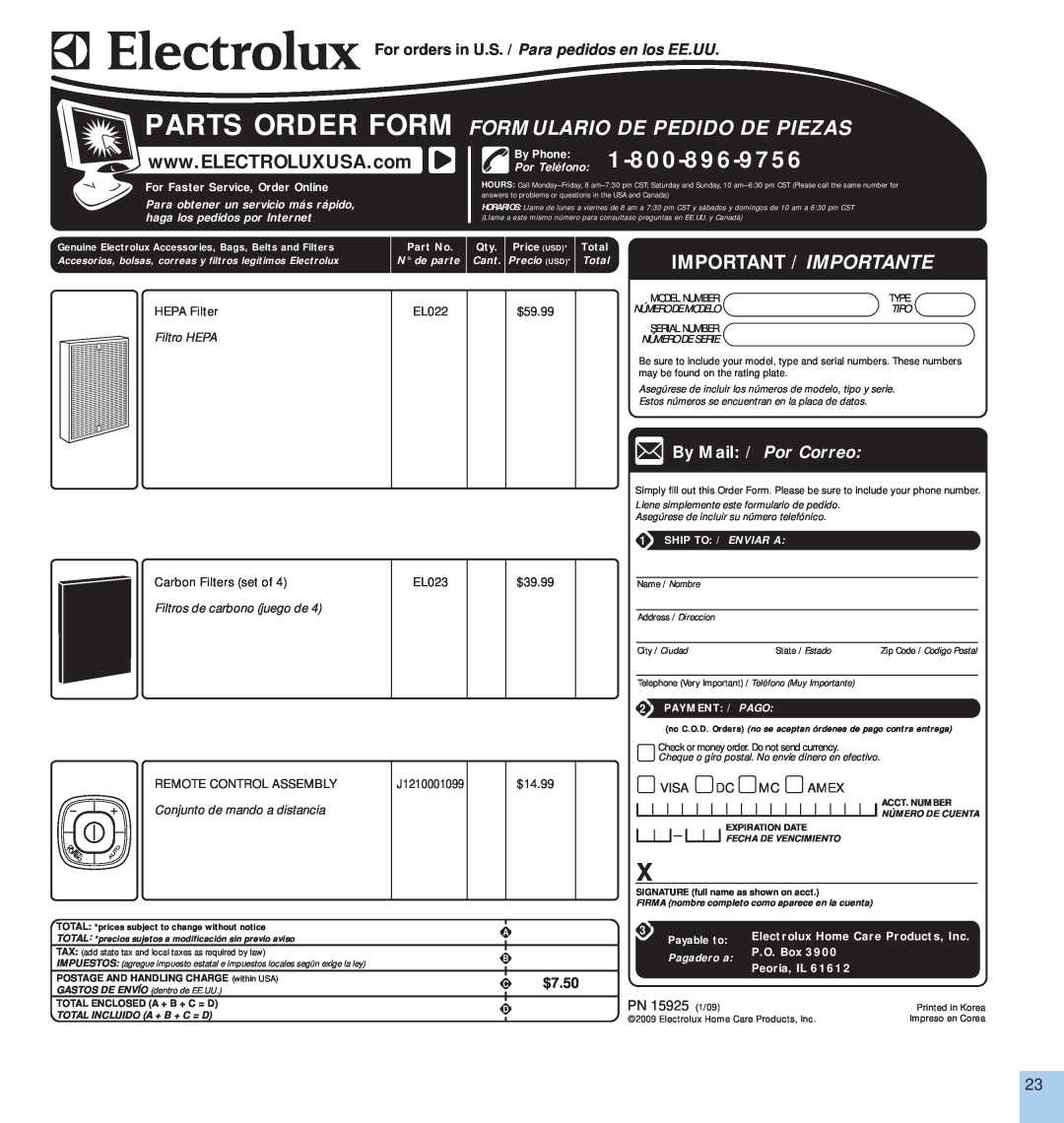 Electrolux EL500 Important / Importante, Parts Order Form, By Phone, Formulario De Pedido De Piezas, By Mail / Por Correo 